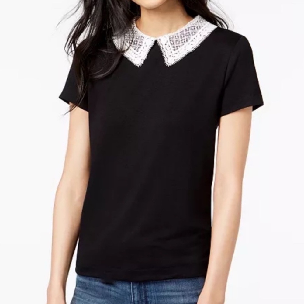 Black Shirt with White Lace Collar